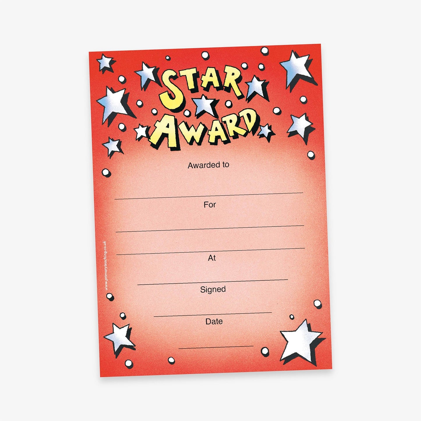 A colourful set of 'Star Award' certificates in a variety of gradient backgrounds including red, orange, green, yellow, purple, and blue. Each certificate is decorated with stars and white dots, and features comic-style text. There are blank lines for 'Awarded to', 'For', 'At', and 'Signed'