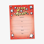 A colourful set of 'Star Award' certificates in a variety of gradient backgrounds including red, orange, green, yellow, purple, and blue. Each certificate is decorated with stars and white dots, and features comic-style text. There are blank lines for 'Awarded to', 'For', 'At', and 'Signed'