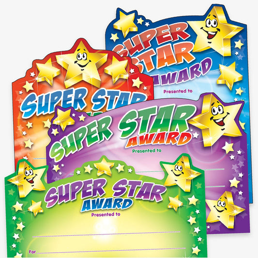 Set of brightly coloured 'Super Star Award' certificates in red, blue, purple, and green, each with a large smiling star character, decorative star border, and space to write the recipient's name and award details.