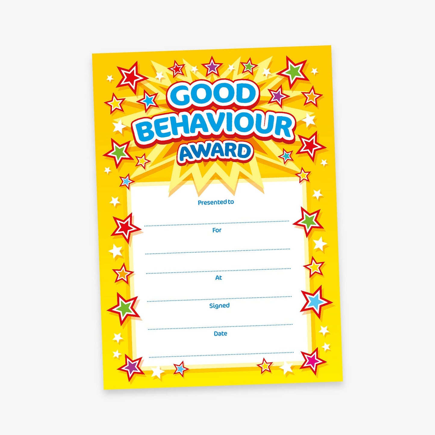 A5 portrait behaviour vibrant yellow certificate.  The top half features the bold title 'GOOD BEHAVIOUR AWARD' in cyan text over a star burst which leaves multicoloured stars surrounding the central text box . Include spaces for 'Presented to', 'For', 'At', 'Signed', and 'Date' entries.