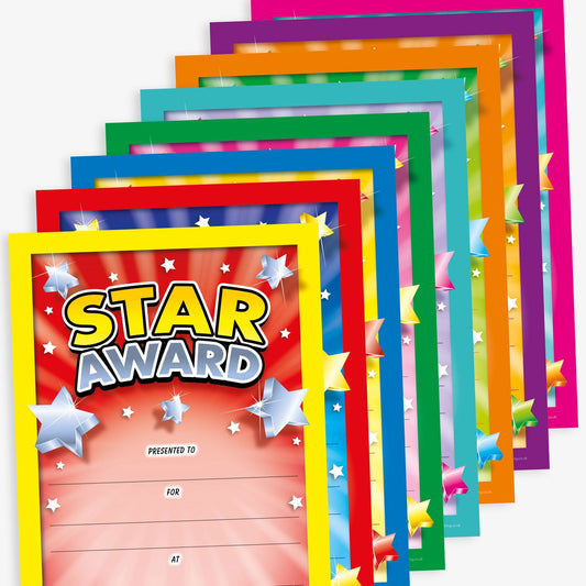 A stack of colourful ‘Star Award’ certificates with colourful borders in assorted shades. The front certificate shows a red gradient centre with a yellow border, a yellow and silver heading 'STAR AWARD' surrounded by a shower of silver stars, blank lines for the recipient’s name, reason, place, signature and date.