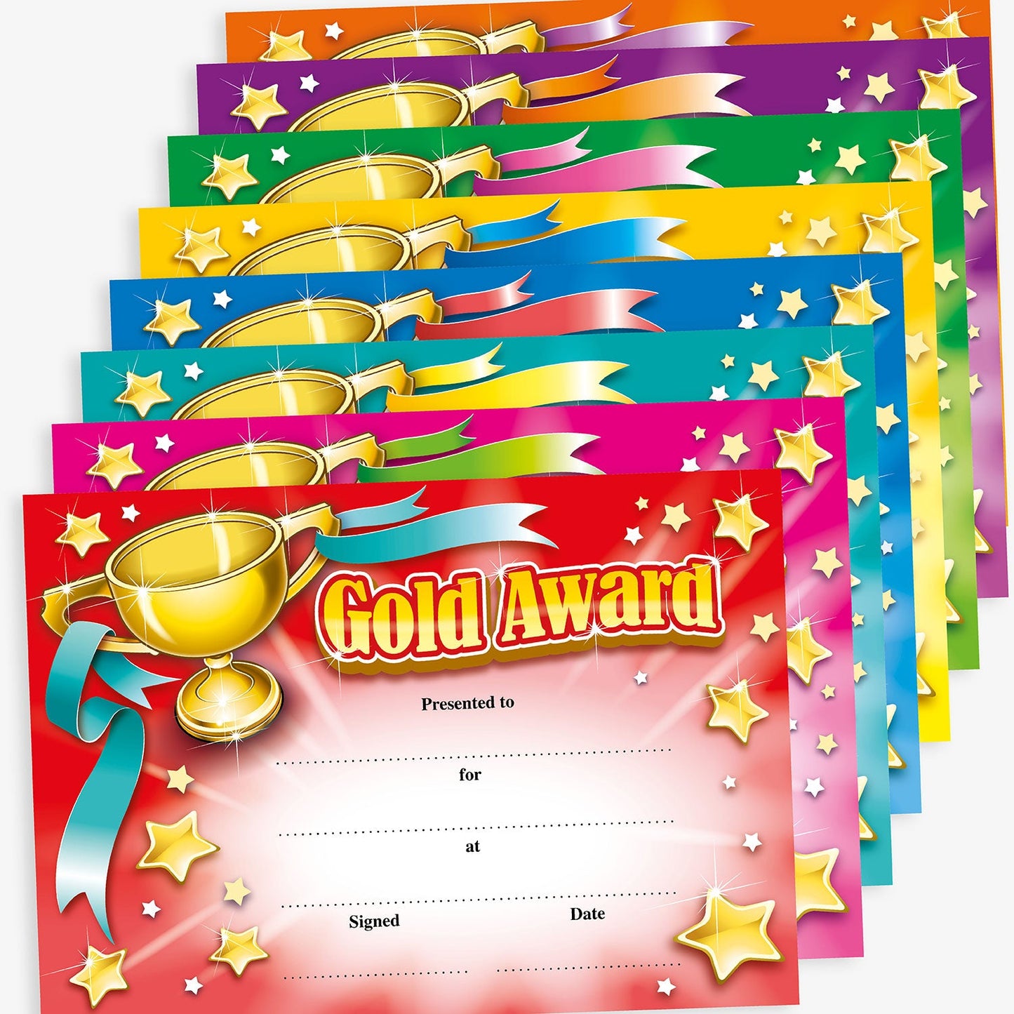 Certificates in various bold colours including cyan, magenta, yellow, green, red and purple, display the title 'Gold Award'. Designated spaces for the recipient's name, reason for the award, where received, date, and signature.  Each certificate has a gold trophy in the top left corner with a ribbon from each handle.  The centre replicates a starburst with stars eminating from it around the borders.