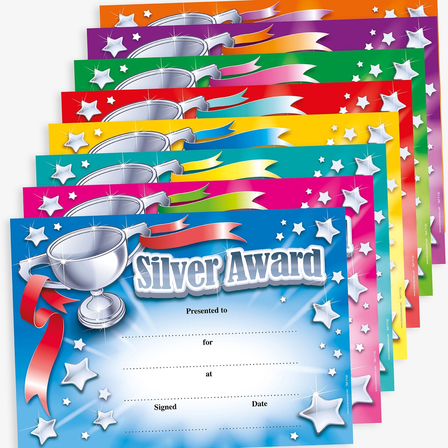 Certificates in various bold colours including cyan, magenta, yellow, green, red and purple, display the title 'Silver Award'. Designated spaces for the recipient's name, reason for the award, where received, date, and signature.  Each certificate has a silver trophy in the top left corner with a ribbon from each handle.  The centre replicates a starburst with stars eminating from it around the borders.