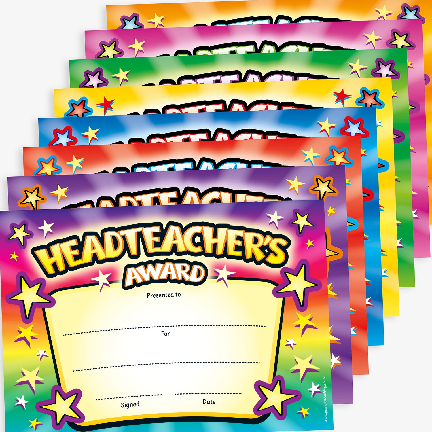 A collection of colourful A5 sized Headteacher's Award certificates with space for personalisation, featuring stars and a central text title.