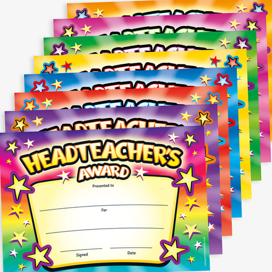 A collection of colourful A5 sized Headteacher's Award certificates with space for personalisation, featuring stars and a central text title.