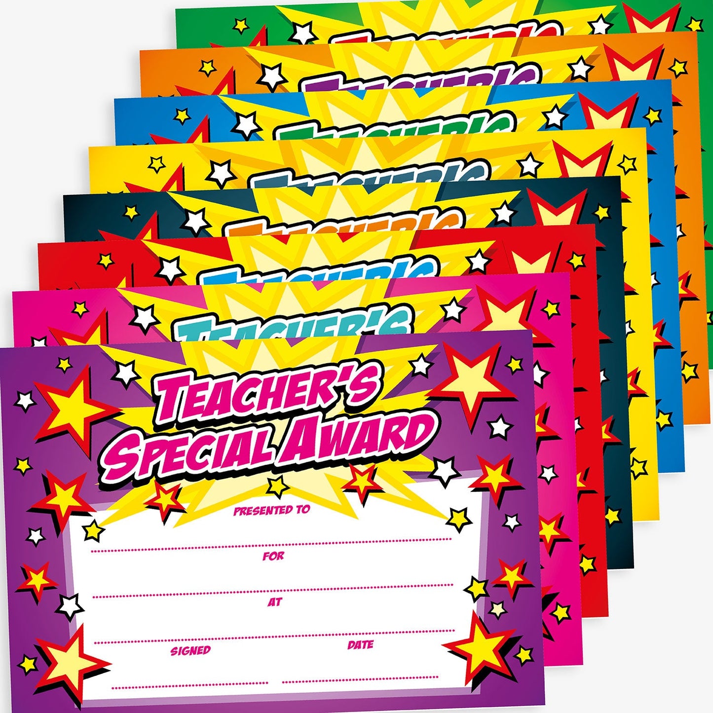 A set of brightly coloured 'Teacher’s Special Award' certificates in various colours including purple, red, green, blue, yellow, and orange. Each certificate is decorated with dynamic star patterns and comic-style text. There are blank lines labelled 'Presented to', 'For', 'At', 'Signed', and 'Date' for personalisation