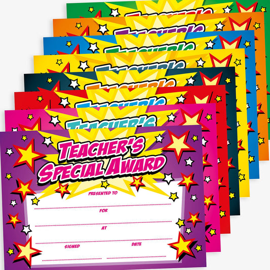 A set of brightly coloured 'Teacher’s Special Award' certificates in various colours including purple, red, green, blue, yellow, and orange. Each certificate is decorated with dynamic star patterns and comic-style text. There are blank lines labelled 'Presented to', 'For', 'At', 'Signed', and 'Date' for personalisation