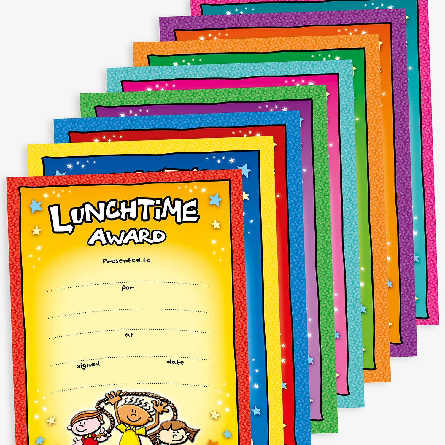 A stack of colourful ‘Lunchtime Award’ certificates with colourful borders in assorted shades. The front certificate shows a yellow gradient centre with a red border, a white playful heading reading ‘Lunchtime Award’, blank lines for the recipient’s name, reason, place, signature and date, and a small cartoon of smiling children at the bottom. Star accents decorate each certificate.
