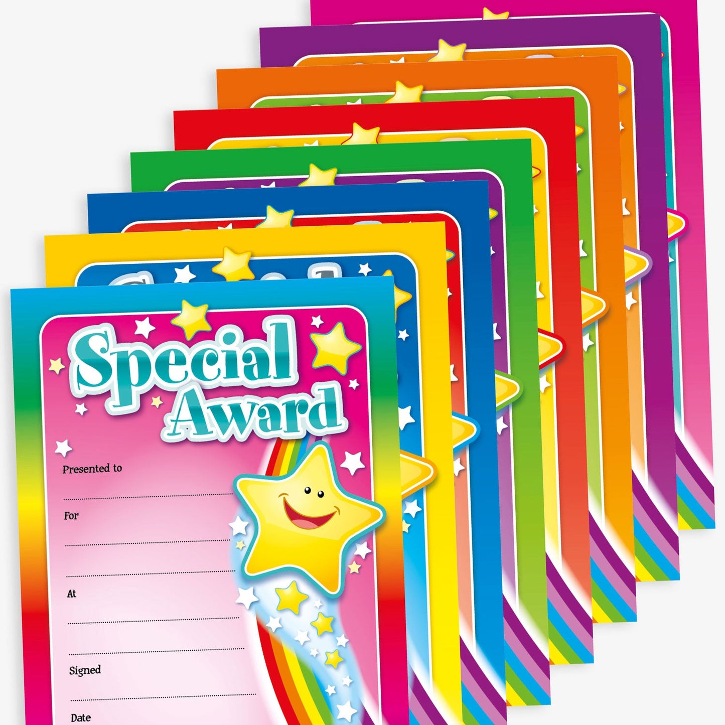 A set of brightly coloured 'Special Award' certificates with a smiling star and rainbow design. The certificates come in various vibrant colours such as blue, yellow, green, red, and purple. Each certificate includes blank lines for 'Presented to', 'For', 'At', 'Signed', and 'Date'