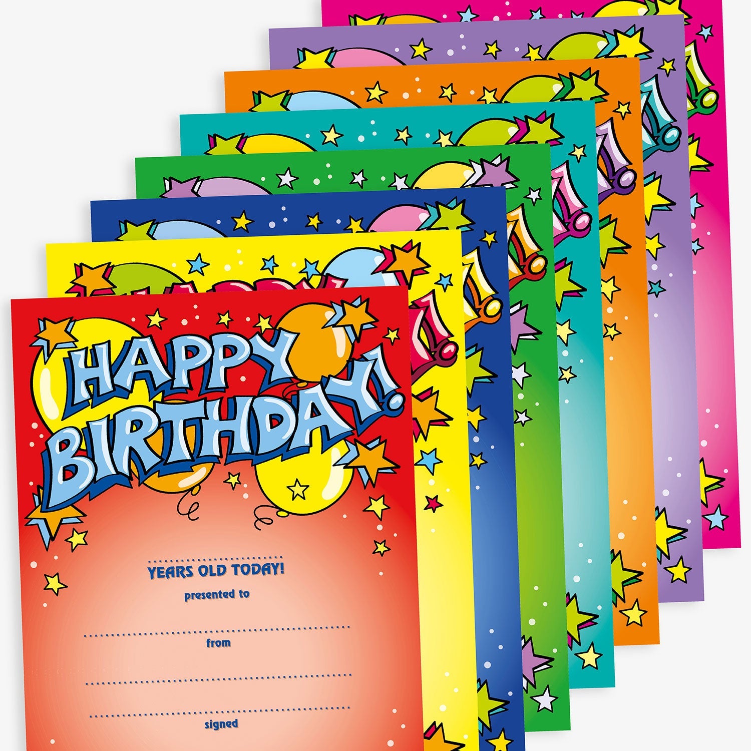 A set of vibrant 'Happy Birthday' certificates in a range of colours including red, yellow, green, orange, blue, and purple. Each certificate features bold comic-style lettering, balloons, stars, and party hats. There are fill-in sections for the age, recipient, sender, and signature