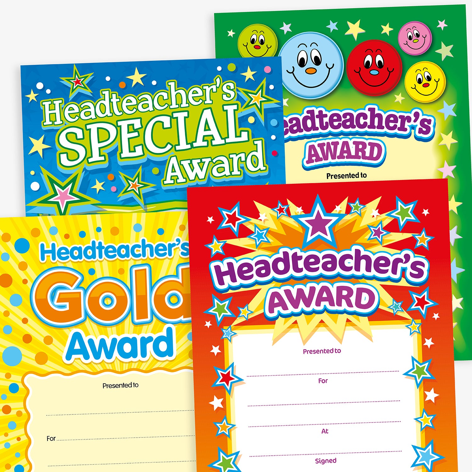 Assortment of A5 Headteacher's Award certificates in various vibrant designs, each featuring bold titles such as 'Headteacher's Award', 'Headteacher's Special Award', and 'Headteacher's Gold Award'. The certificates display colourful backgrounds with star motifs and include spaces for 'Presented to', 'For', 'Signed', and 'Date' entries, designed to celebrate and acknowledge pupil achievements.