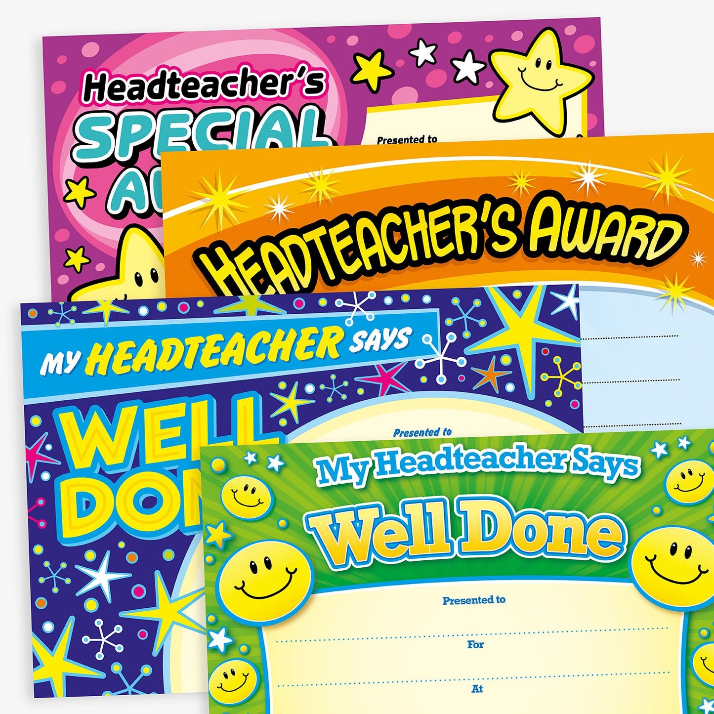 Assortment of A5 Headteacher's Award certificates in various vibrant designs, each featuring bold titles such as 'Headteacher's Award', 'Headteacher's Special Award', and 'Headteacher's Gold Award'. The certificates display colourful backgrounds with star motifs and include spaces for 'Presented to', 'For', 'Signed', and 'Date' entries, designed to celebrate and acknowledge pupil achievements.