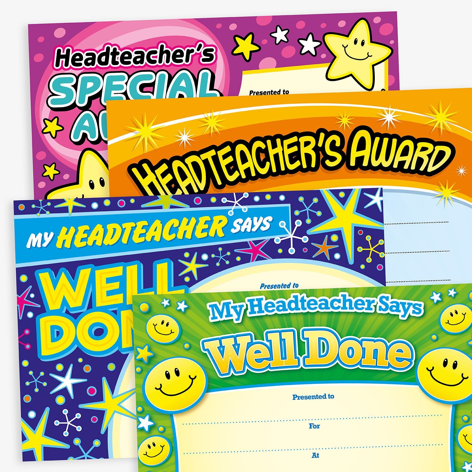 Assortment of A5 Headteacher's Award certificates in various vibrant designs, each featuring bold titles such as 'Headteacher's Award', 'Headteacher's Special Award', and 'Headteacher's Gold Award'. The certificates display colourful backgrounds with star motifs and include spaces for 'Presented to', 'For', 'Signed', and 'Date' entries, designed to celebrate and acknowledge pupil achievements.