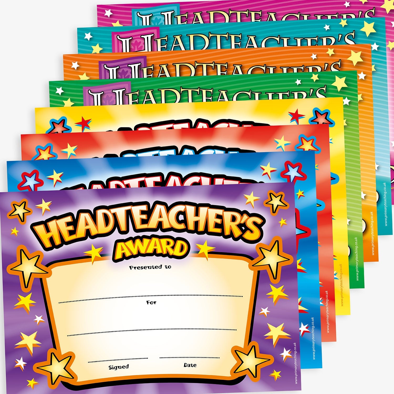 A5 Headteacher's Award certificates in various colours - purple, blue, red, yellow, green, orange, cyan and magenta. Each features the bold title 'Headteacher's Award' with star motifs and include spaces for 'Presented to', 'For', 'Signed', and 'Date' entries, designed to celebrate and acknowledge pupil achievements.