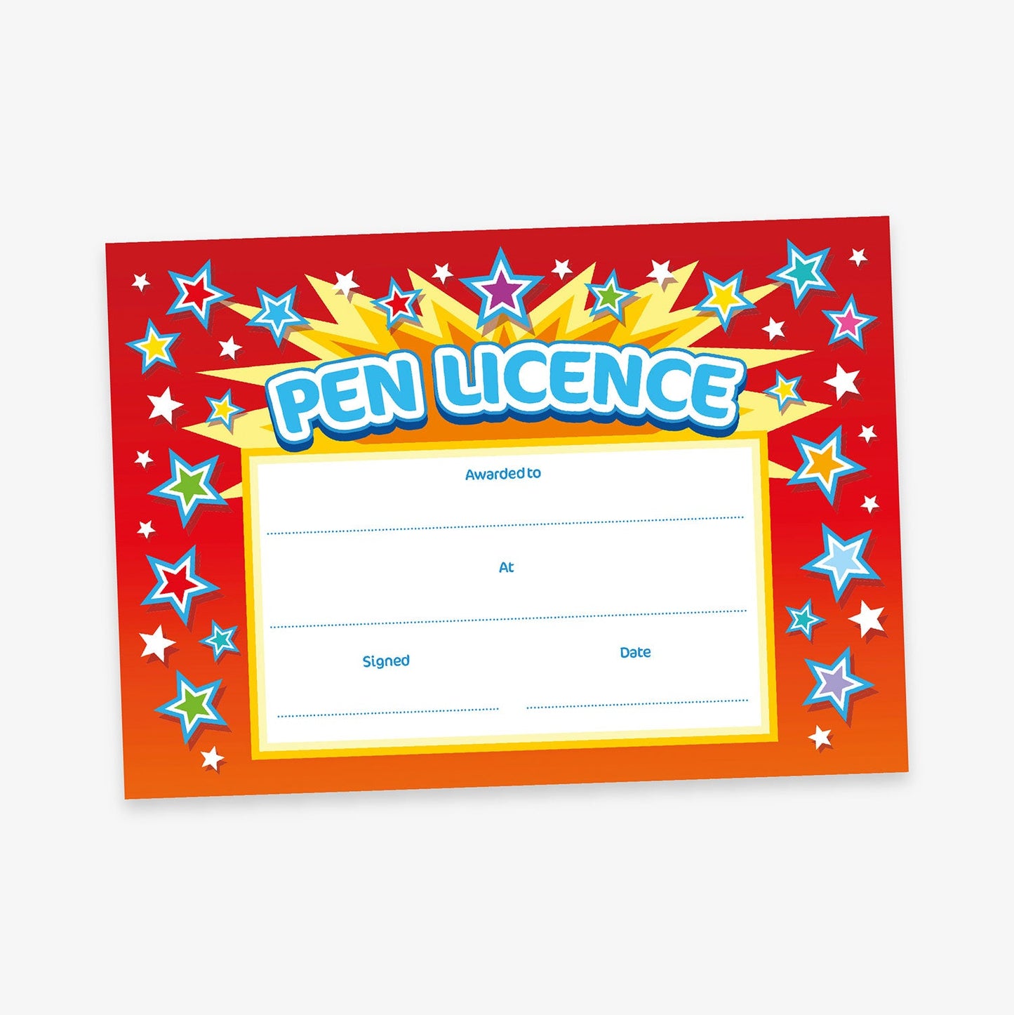 A bright and celebratory 'Pen Licence' certificate with a red to orange gradient background, decorated with blue and white stars and yellow bursts of light. The title 'Pen Licence' is displayed in bold blue bubble letters at the top. The certificate has blank fields with the labels: 'Awarded to', 'At', 'Signed', and 'Date'.