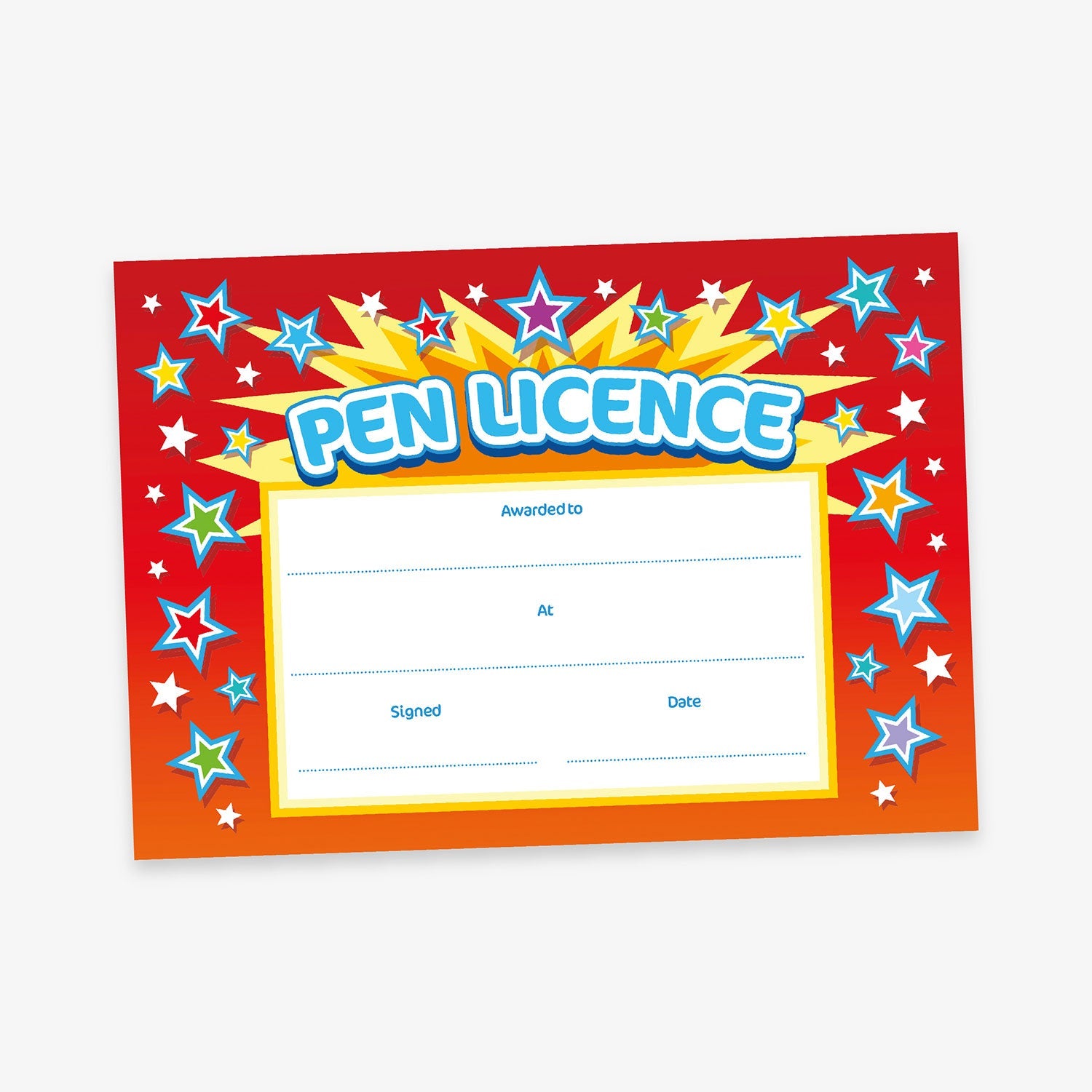 A bright and celebratory 'Pen Licence' certificate with a red to orange gradient background, decorated with blue and white stars and yellow bursts of light. The title 'Pen Licence' is displayed in bold blue bubble letters at the top. The certificate has blank fields with the labels: 'Awarded to', 'At', 'Signed', and 'Date'.