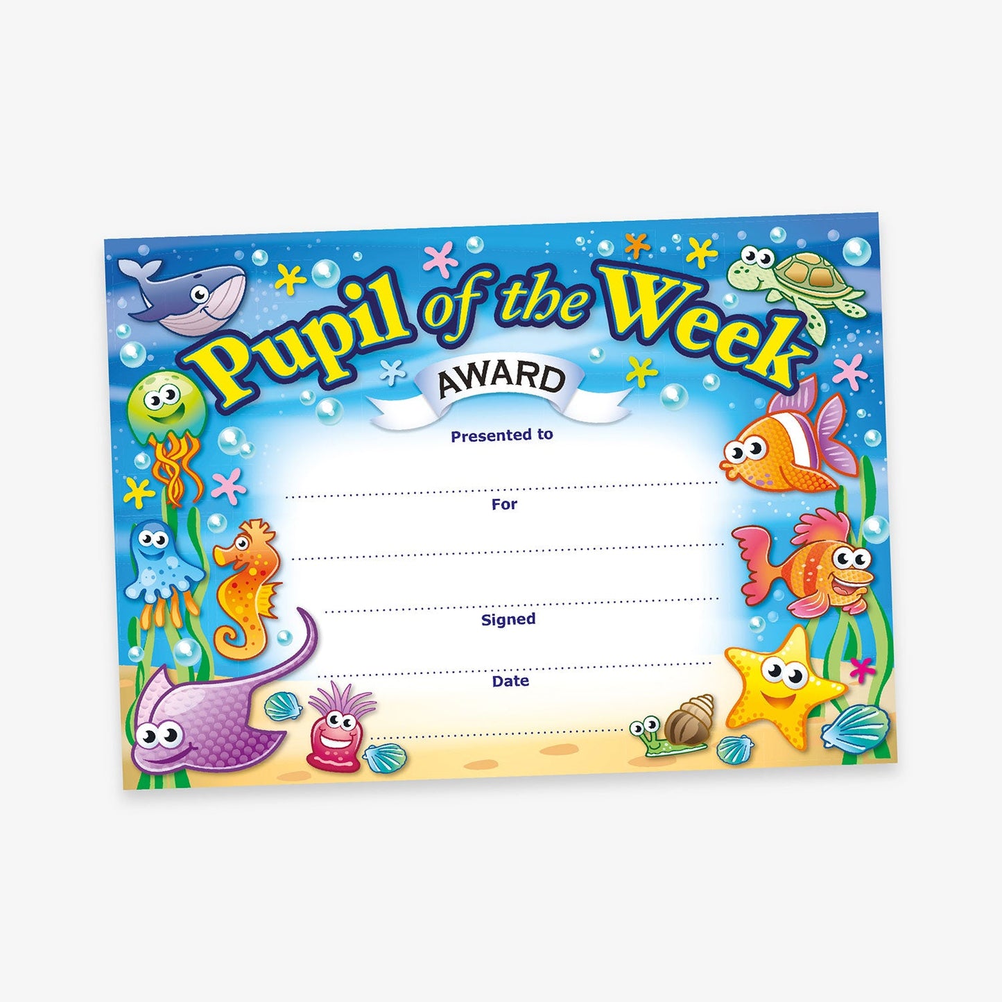 'Pupil of the Week' award certificate with an underwater theme, featuring colourful cartoon sea creatures such as fish, a turtle, octopus, starfish, and seahorse. Includes fields for recipient name, reason, signature, and date.