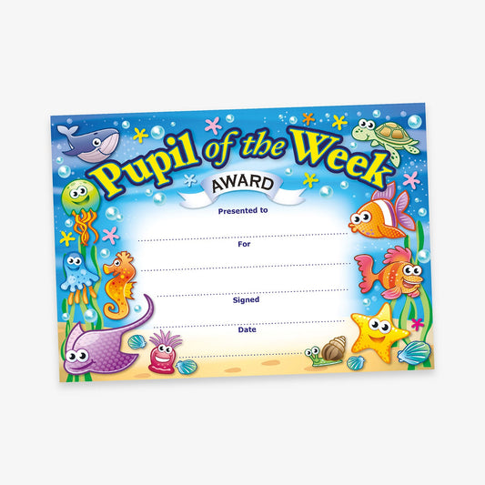 'Pupil of the Week' award certificate with an underwater theme, featuring colourful cartoon sea creatures such as fish, a turtle, octopus, starfish, and seahorse. Includes fields for recipient name, reason, signature, and date.