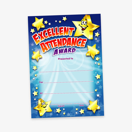 Blue spectrum A5 portrait award certificate with the phrase 'EXCELLENT ATTENDANCE AWARD' in bold red and purple letter. The background features and array of stars, overlaids with smiling gold stars. Includes blank fields labelled 'Presented to', 'For', 'At', 'Signed:', and 'Date:' for recipient details.