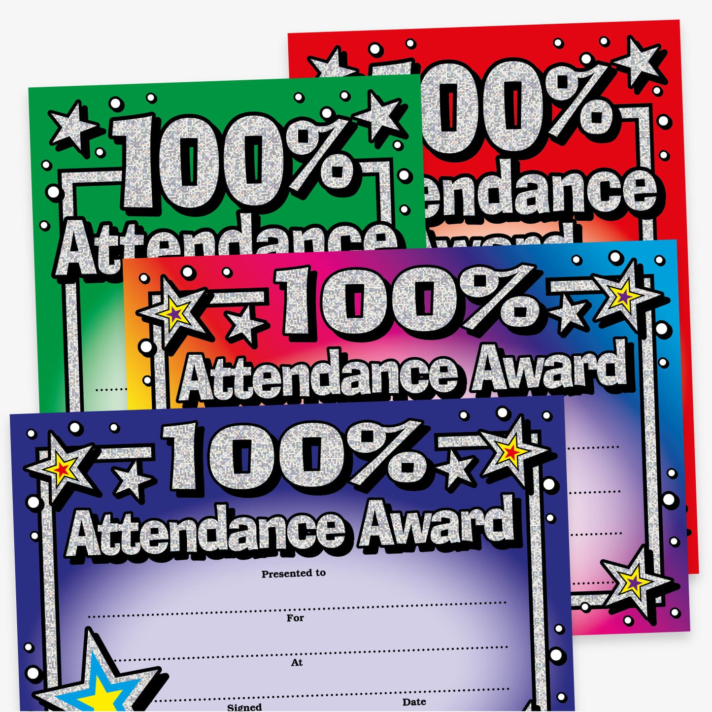 A set of vibrant '100% Attendance Award' certificates in various colours including green, red, blue, and purple. Each certificate features bold holographic text with star decorations and blank lines for the recipient’s name, reason, signature, and date.