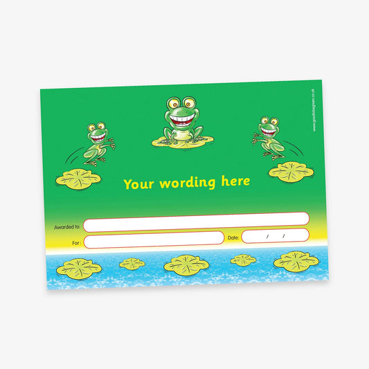 Fun frog-themed award certificate with a green and yellow background, featuring cartoon frogs on lily pads and jumping in the air. Includes customisable text space in the centre and fields for recipient name, reason, date, and signature, above a water scene with more lily pads.
