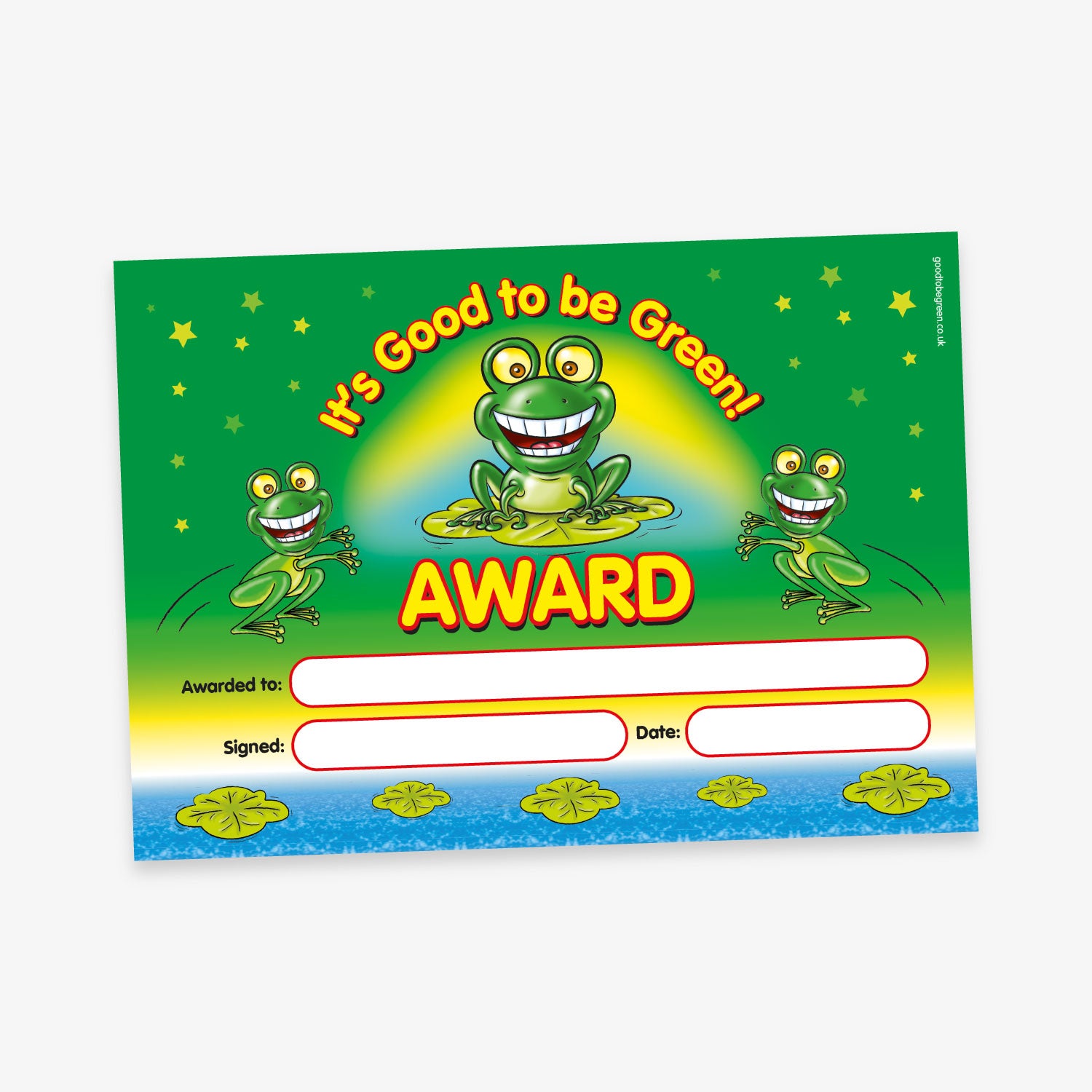 It's Good to be Green!' award certificate featuring three smiling cartoon frogs on lily pads, with a green background and star accents. The word 'AWARD' is displayed in bold red and yellow text. Blank fields are provided for the recipient’s name, signature, and date.