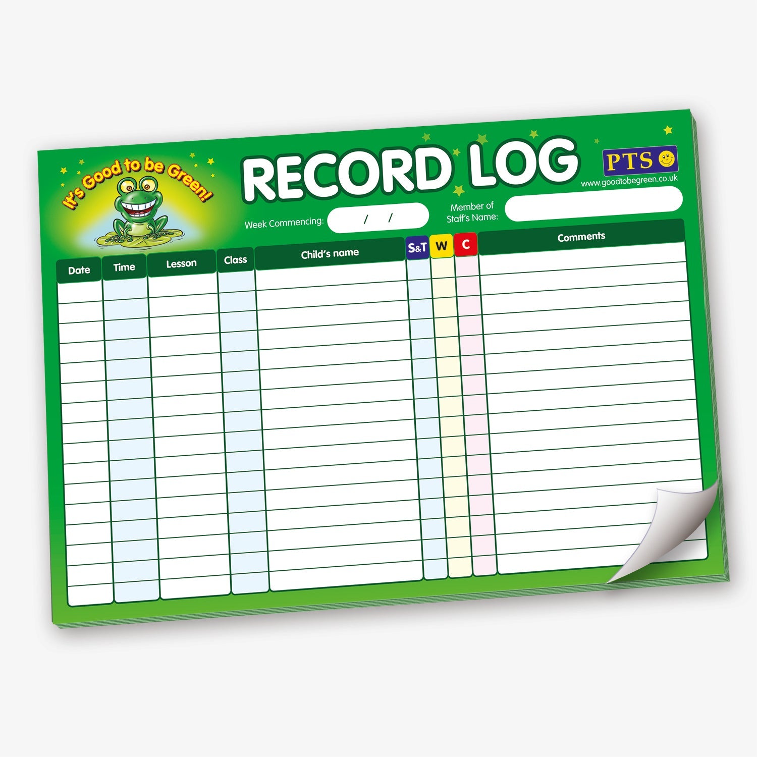 It's Good to be Green!' classroom behaviour chart with six rows of student name slots, each showing coloured cards: green for good behaviour, yellow for warning, and red for consequence. Names include Claire, Kim, and Darren, among others. Additional warning and consequence cards and name tags are displayed at the bottom.