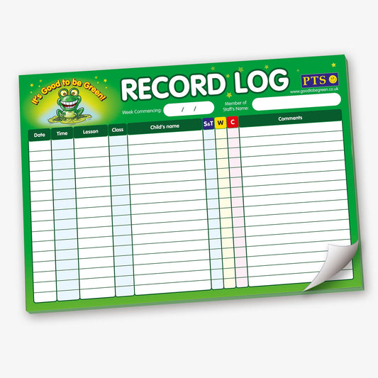 It's Good to be Green!' classroom behaviour chart with six rows of student name slots, each showing coloured cards: green for good behaviour, yellow for warning, and red for consequence. Names include Claire, Kim, and Darren, among others. Additional warning and consequence cards and name tags are displayed at the bottom.