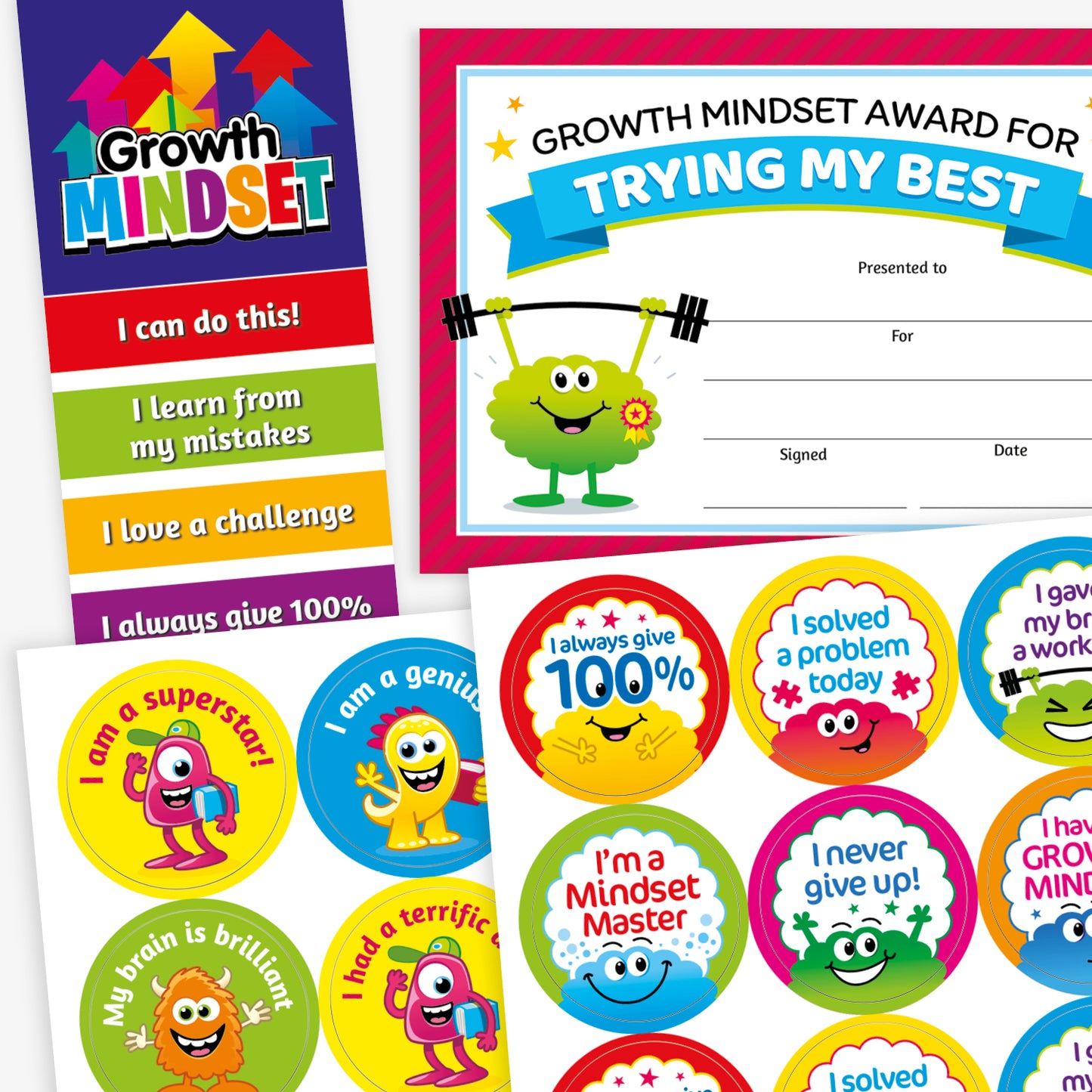 A colourful set of growth mindset teaching resources for children. The image features: a vertical bookmark with arrows titled 'Growth Mindset' and statements like 'I can do this!' and 'I learn from my mistakes'; a certificate reading 'Growth Mindset Award for Trying My Best'; and several bright circular stickers with cartoon characters and positive affirmations such as 'I always give 100%', 'I'm a Mindset Master', and 'I never give up!'