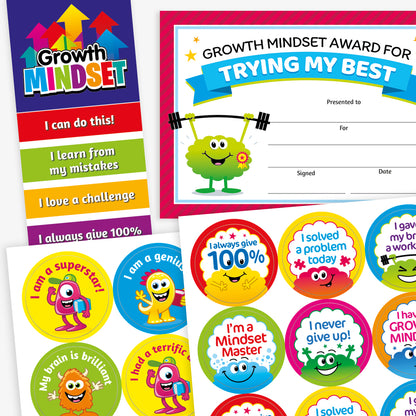 A colourful set of growth mindset teaching resources for children. The image features: a vertical bookmark with arrows titled 'Growth Mindset' and statements like 'I can do this!' and 'I learn from my mistakes'; a certificate reading 'Growth Mindset Award for Trying My Best'; and several bright circular stickers with cartoon characters and positive affirmations such as 'I always give 100%', 'I'm a Mindset Master', and 'I never give up!'