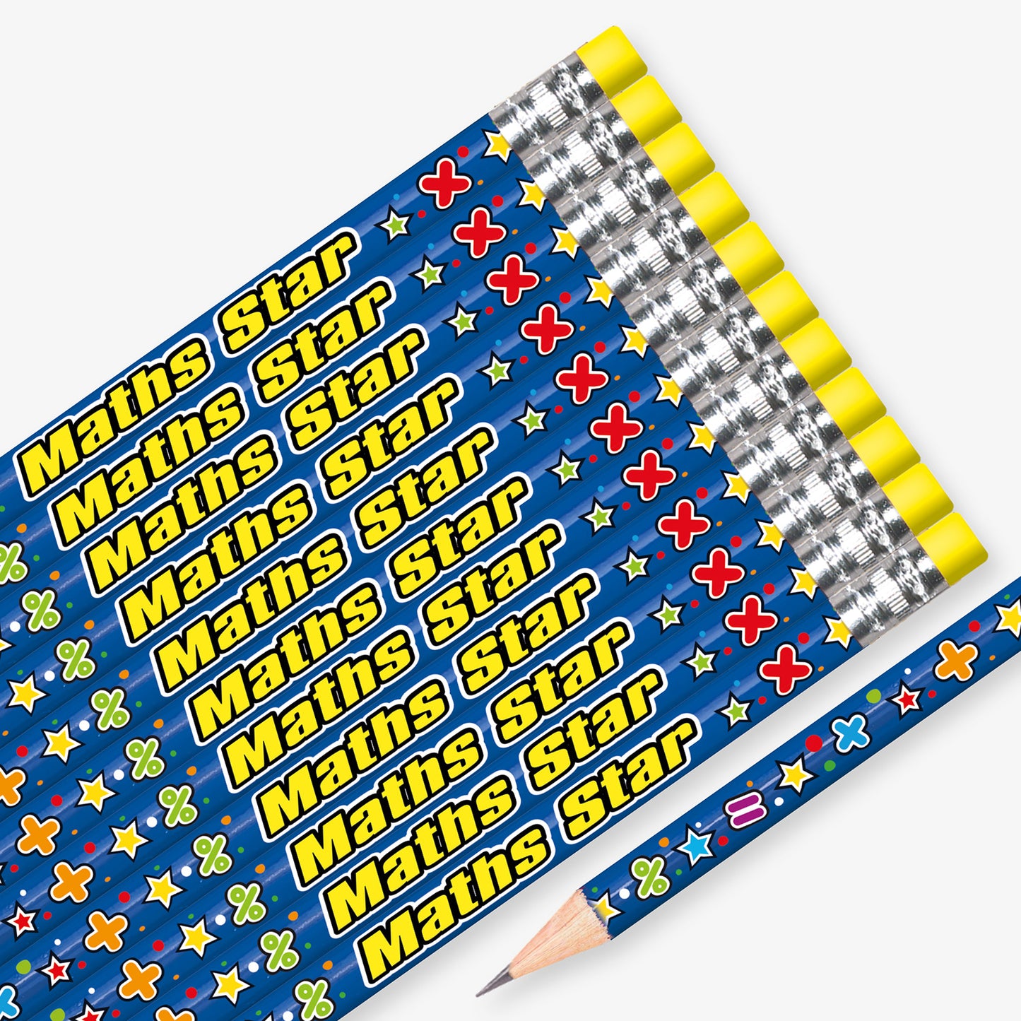 Set of 12 pre-sharpened pencils with erasers, each featuring a vibrant blue background with maths symbols and stars with the wording  'Maths Star' in yellow text.