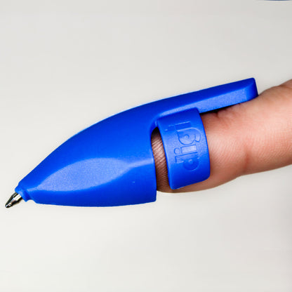 A blue plastic pen affixed to the tip of the first finger, designed to give almost direct contact with paper when writing. 
