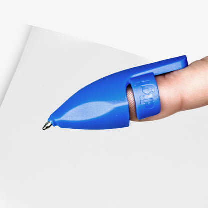 A blue plastic pen affixed to the tip of the first finger, designed to give almost direct contact with paper when writing. 