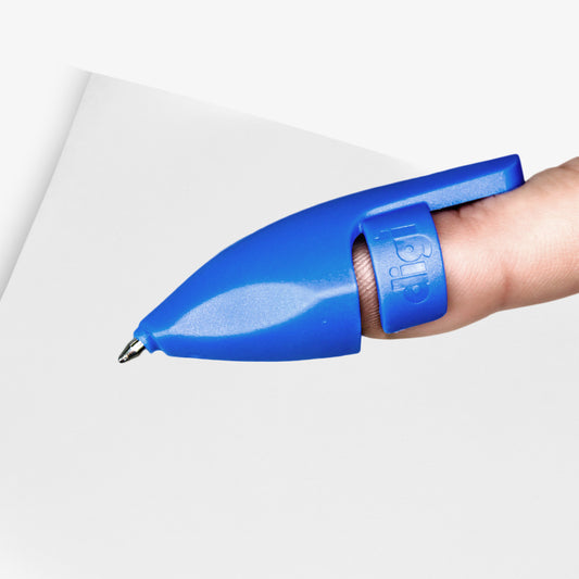 A blue plastic pen affixed to the tip of the first finger, designed to give almost direct contact with paper when writing. 