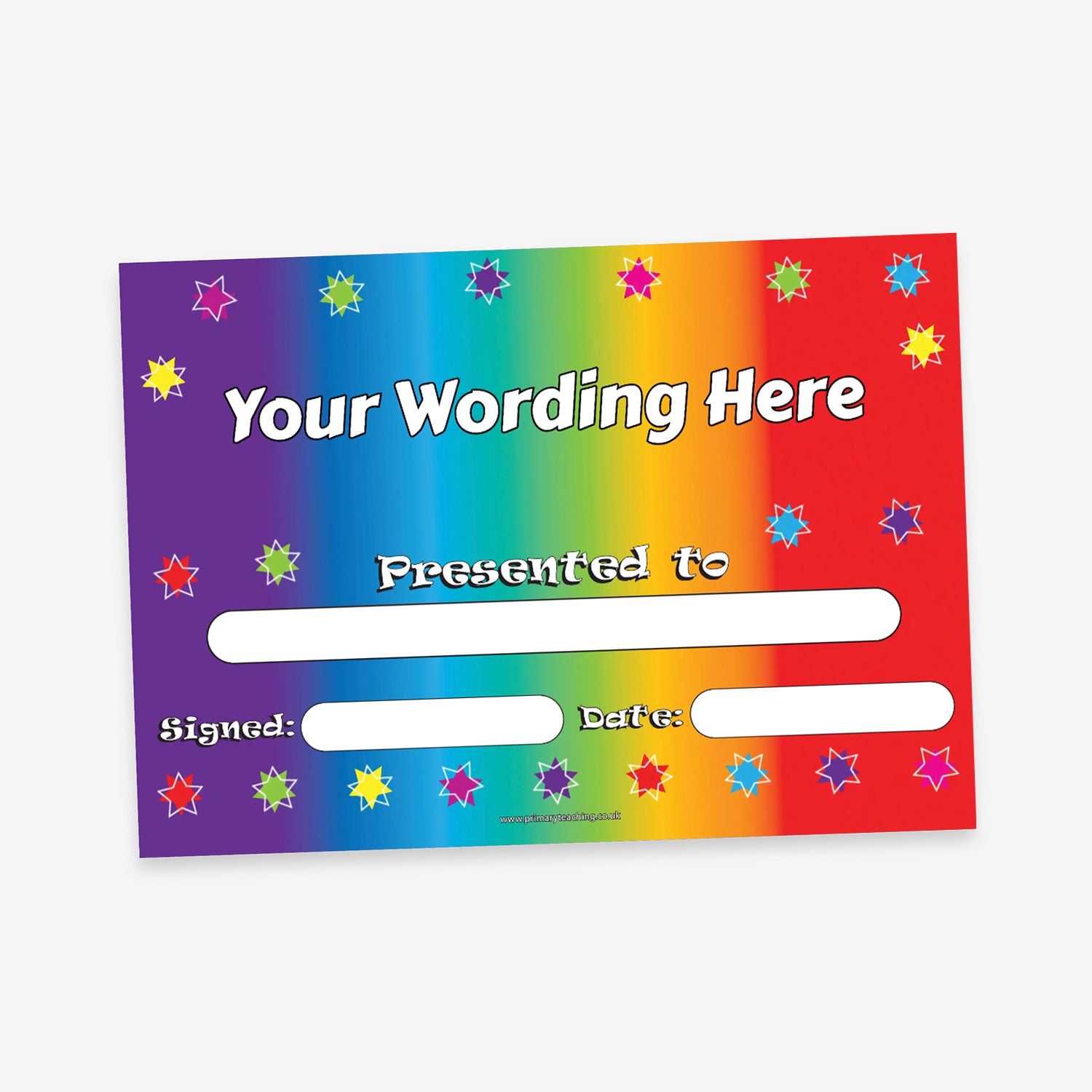Bright rainbow-coloured certificate with star decorations and bold white text placeholders for custom wording, including fields for recipient name, date, and signature