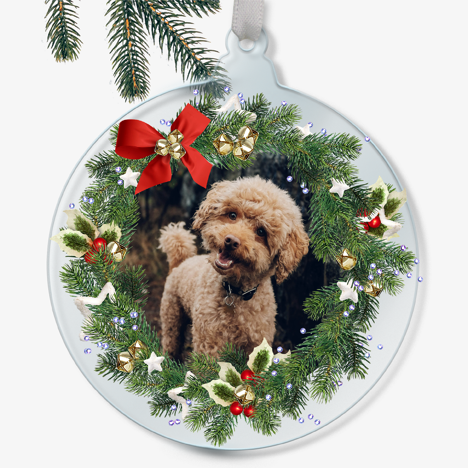 Cat acrylic bauble with wreath and bow, personalized with 'Marley'.
