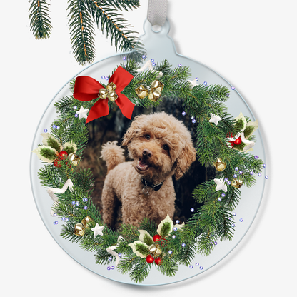 Cat acrylic bauble with wreath and bow, personalized with 'Marley'.