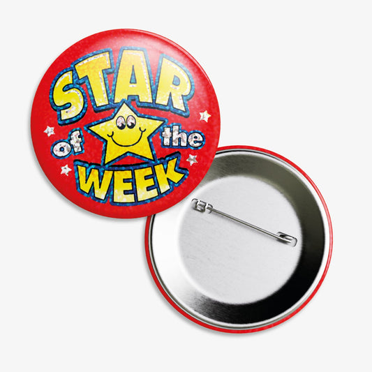 A set of ten 38mm round metal badges featuring a vibrant red holographic background with a smiling yellow star character at the centre, displaying the bold text 'Star of the Week' in yellow lettering; designed to reward pupils for outstanding achievements and positive behaviour.