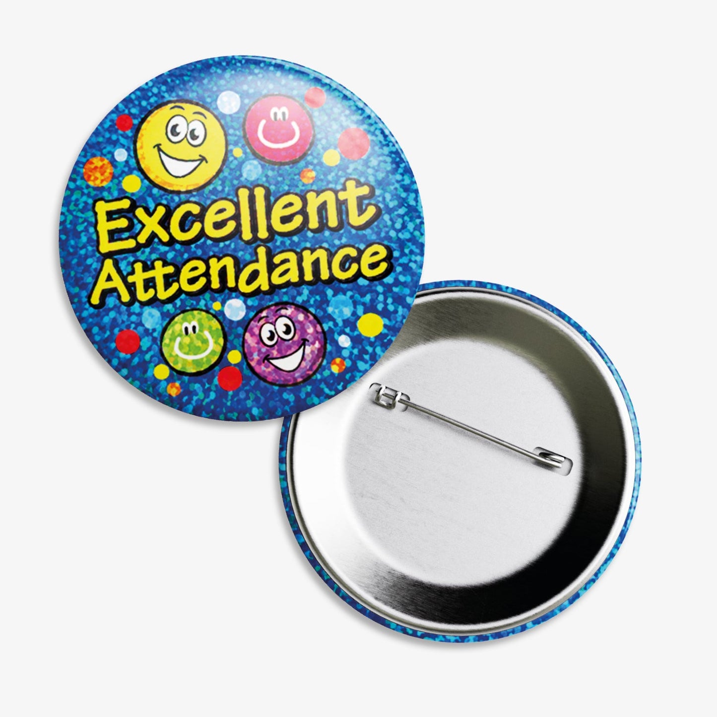 Set of ten 38mm round holographic blue badges 'EXCELLENT ATTENDANCE' central to the design and multicoloured smiling faces around.  The image shows the reverse of the badge to be equipped with a pin fastening.