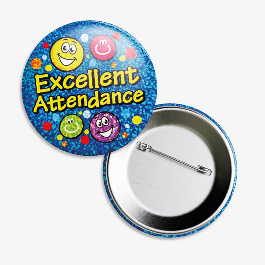 Set of ten 38mm round holographic blue badges 'EXCELLENT ATTENDANCE' central to the design and multicoloured smiling faces around.  The image shows the reverse of the badge to be equipped with a pin fastening.