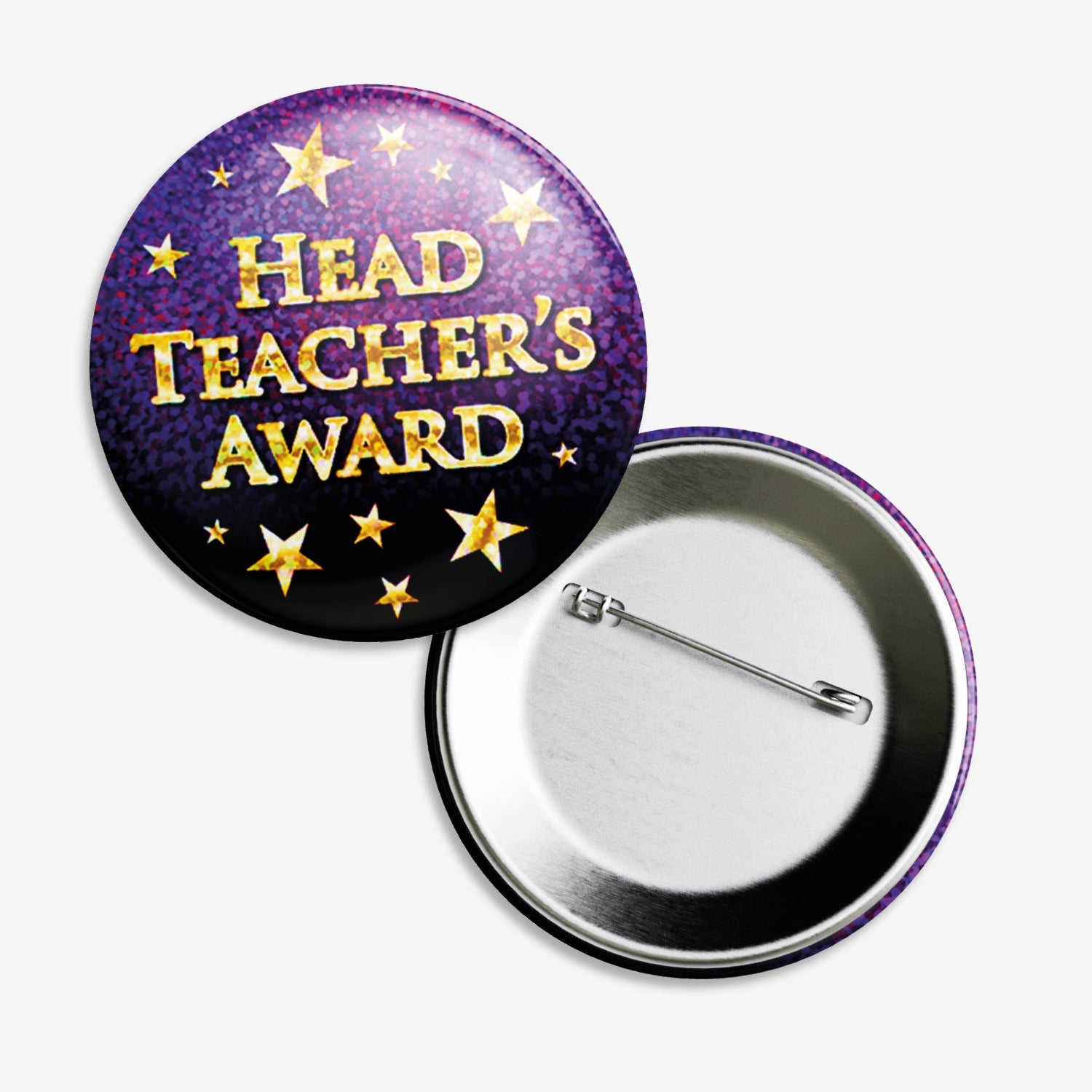 Set of ten 38mm round holographic purple badges 'HEAD TEACHER'S AWARD' central to the design surrounded by gold starts of differing sizes.  The image shows the reverse of the badge to be equipped with a pin fastening.