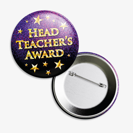Set of ten 38mm round holographic purple badges 'HEAD TEACHER'S AWARD' central to the design surrounded by gold starts of differing sizes.  The image shows the reverse of the badge to be equipped with a pin fastening.