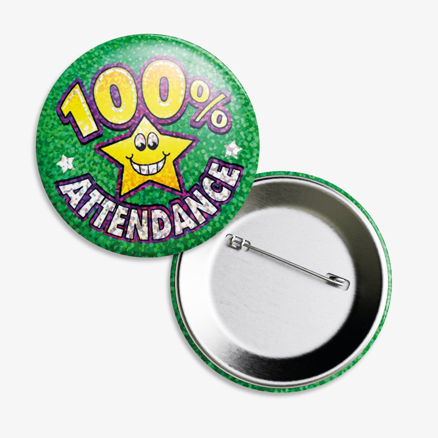 A set of ten 38mm round metal badges featuring a vibrant green holographic background with a smiling yellow star character at the centre, displaying the bold text '100% Attendance' in white and purple lettering; designed to reward pupils for perfect attendance with a fun and eye-catching design.
