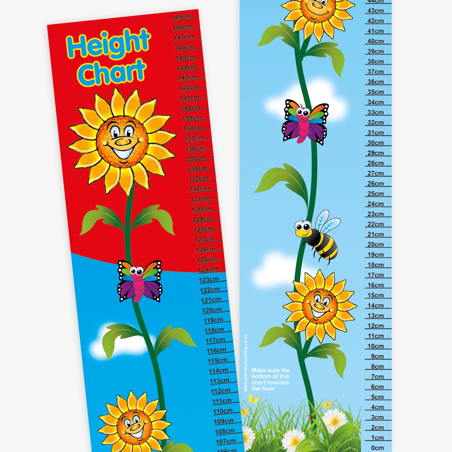 Colourful sunflower-themed height chart for children. Each chart features a tall sunflower stem with smiling sunflower faces at intervals, accompanied by butterflies and bees. Height measurements are marked along the side in centimetres from 70cm to 150cm. One chart has a red and blue background, the other section a sky blue background with clouds and grass.