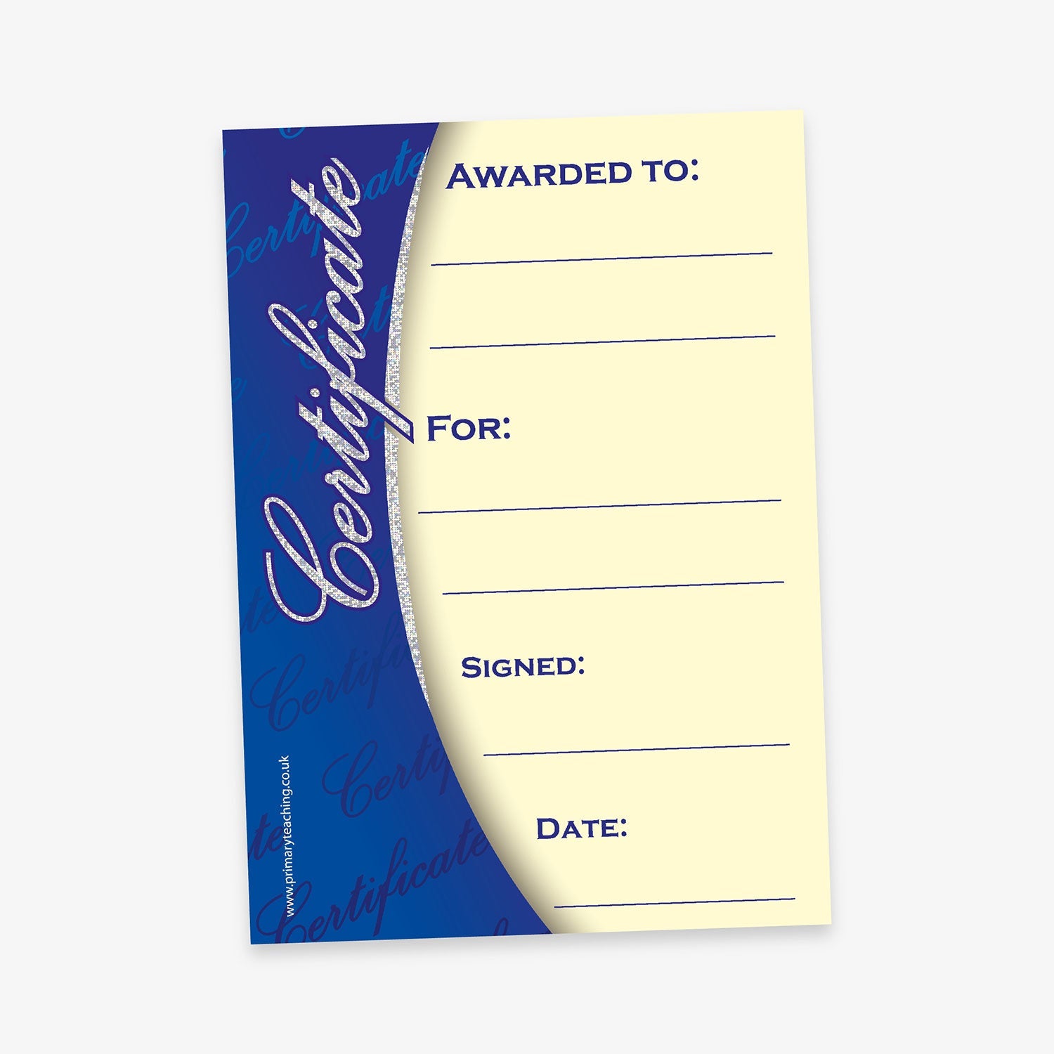 A portrait A5 certificate with a blue and cream design. On the left side, the word 'Certificate' is written in large silver holographic script font vertically against a blue background. The cream-coloured section on the right includes blank lines with the following labels in bold: 'Awarded To:', 'For:', 'Signed:', and 'Date:'.