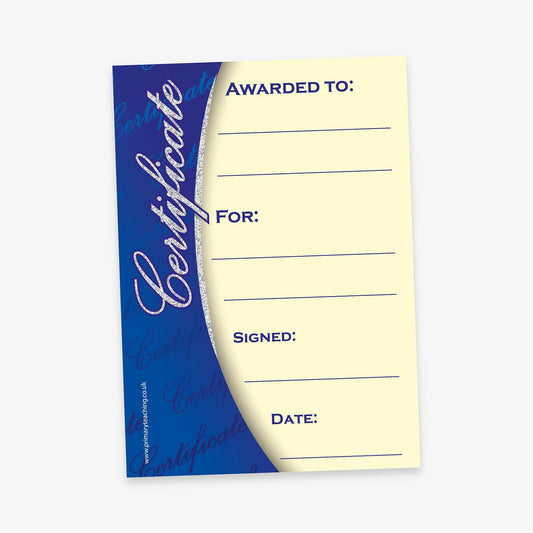 A portrait A5 certificate with a blue and cream design. On the left side, the word 'Certificate' is written in large silver holographic script font vertically against a blue background. The cream-coloured section on the right includes blank lines with the following labels in bold: 'Awarded To:', 'For:', 'Signed:', and 'Date:'.