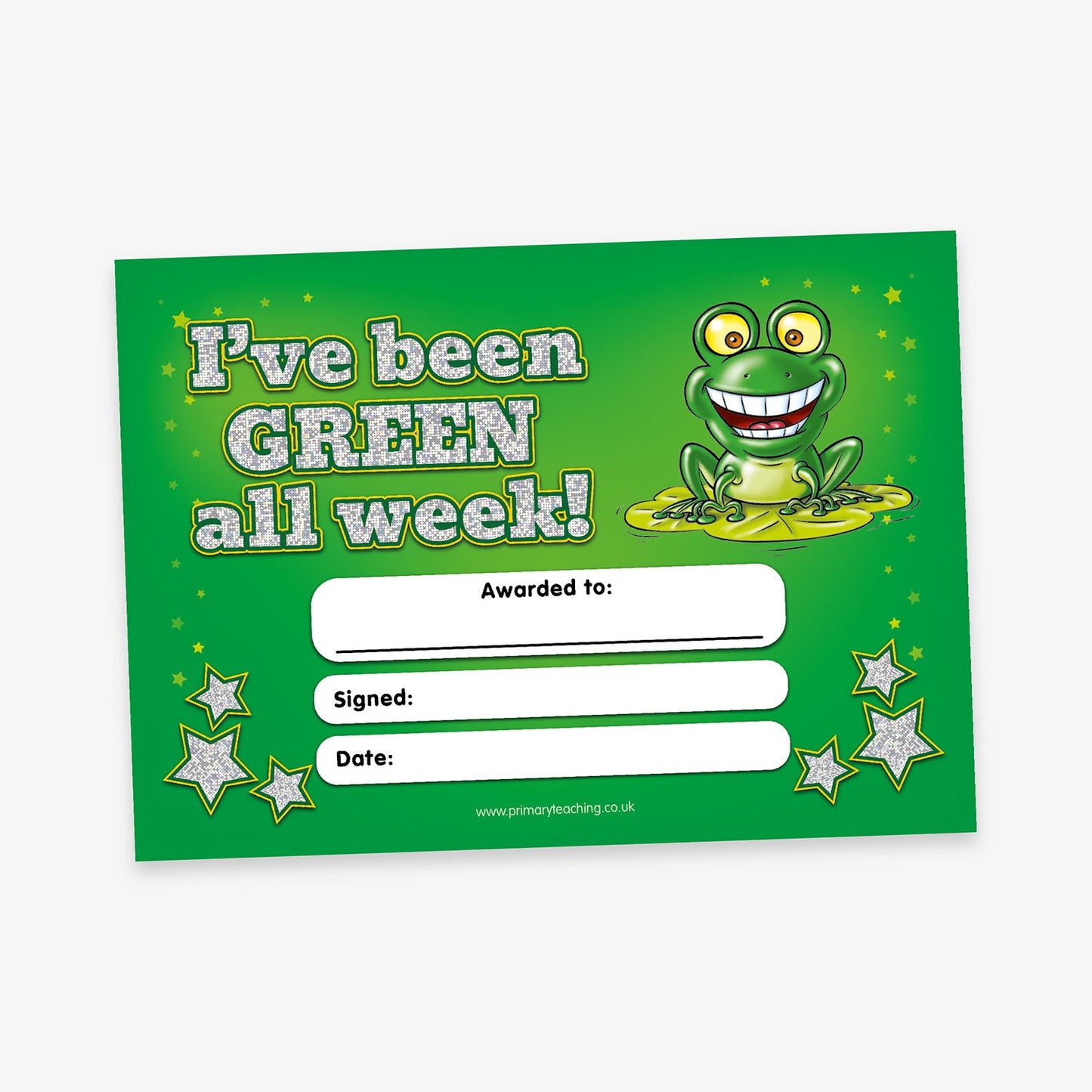 I've been GREEN all week!' reward certificate with a bright green background, holographic text, and a cheerful cartoon frog sitting on a lily pad. The certificate includes blank fields for the recipient's name, signature, and date, and is decorated with silver stars.
