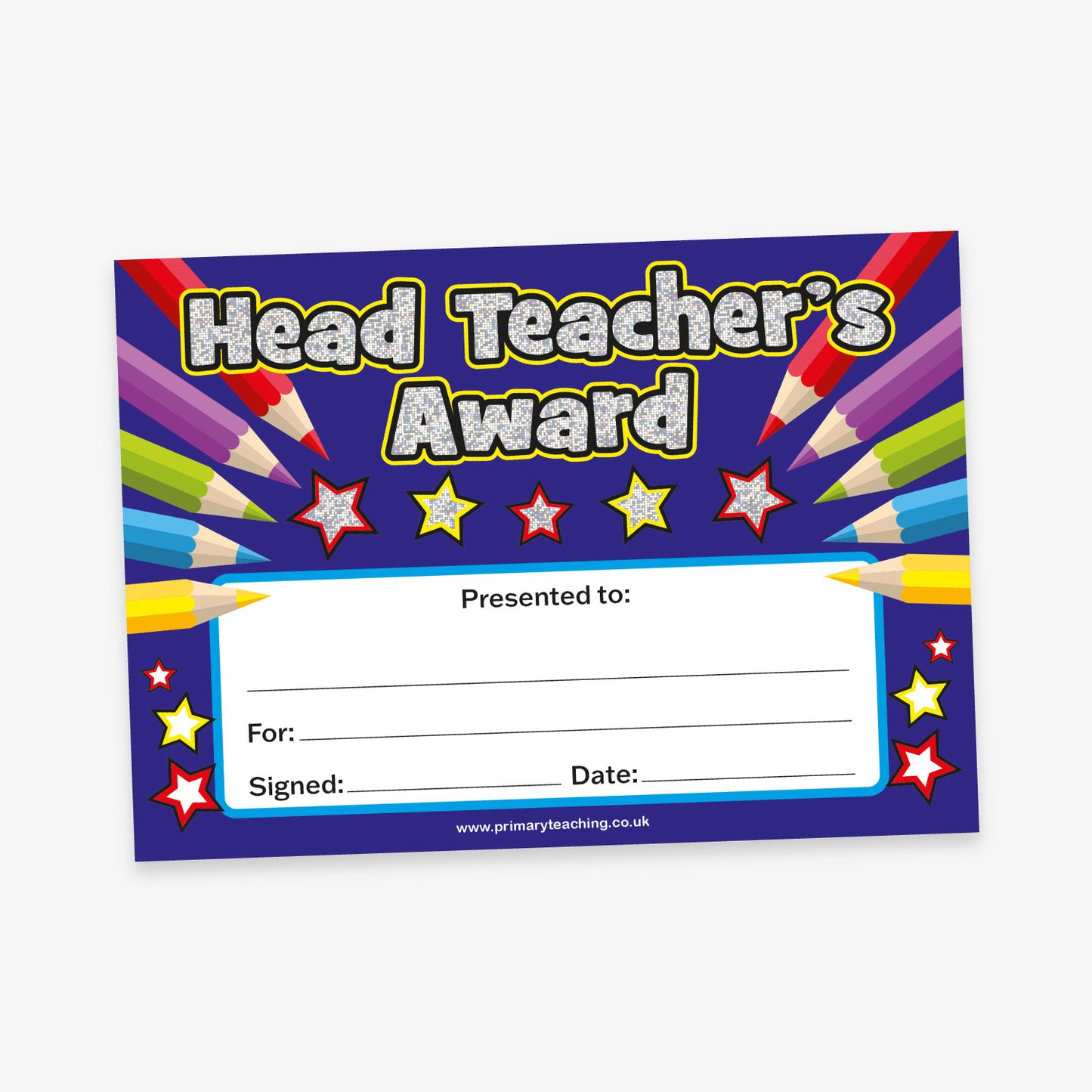 Head Teacher’s Award' certificate with a dark blue background, holographic text, and colourful pencil and star illustrations. The certificate includes blank fields labelled 'Presented to', 'For', 'Signed', and 'Date'.