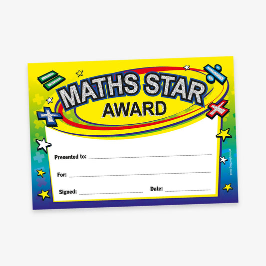 Maths Star Award' certificate with a colourful background of yellow, green, and blue. The title 'Maths Star Award' is written in bold, holographic letters inside a swirl of maths symbols of plus, minus, division, and multiplication signs. Below, a white space contains labels: 'Presented to:', 'For:', 'Signed:', and 'Date:'. The border is decorated with stars.