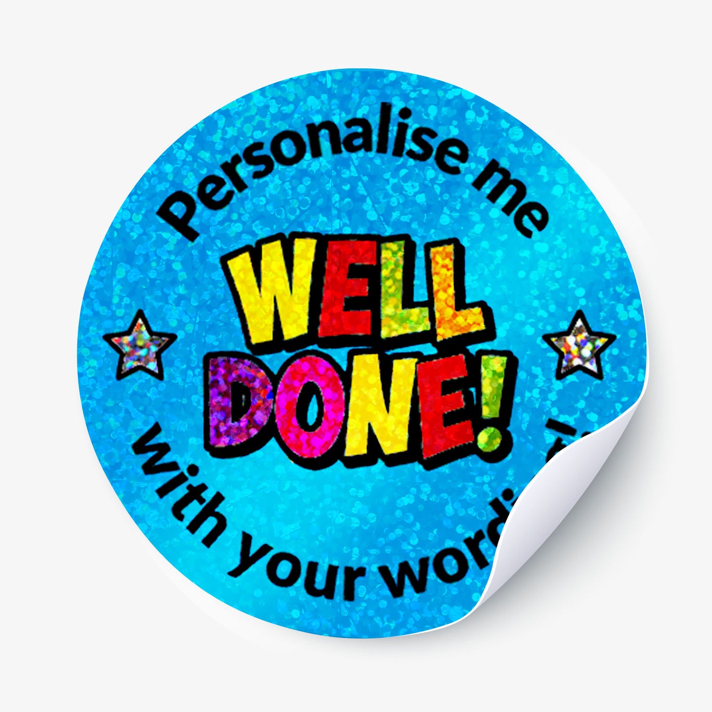 Round sticker with 'Well Done!' text on a blue background